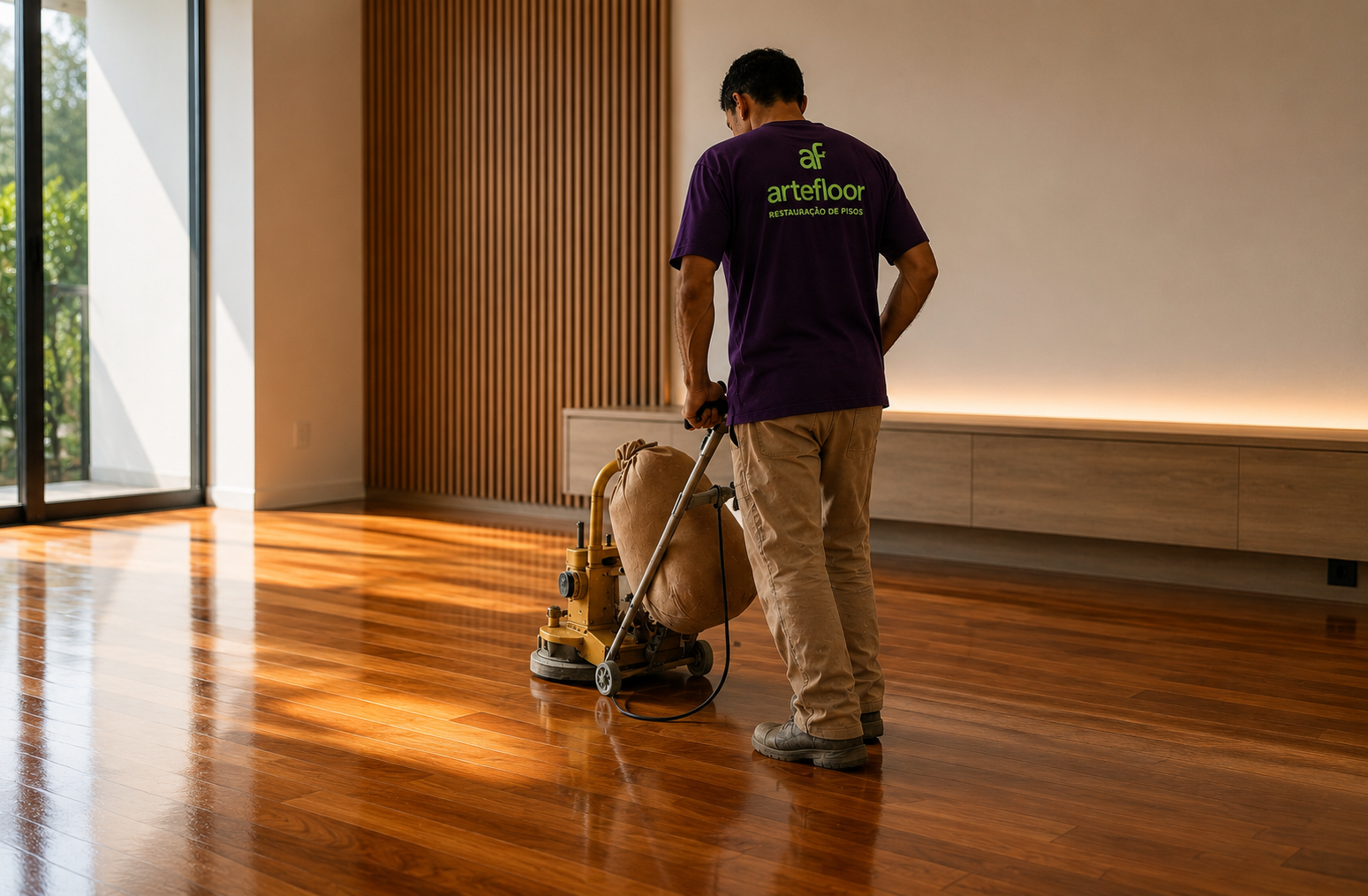 écnico da Artefloor realizando restauração de piso de madeira com equipamento profissional em residência de São Paulo.
