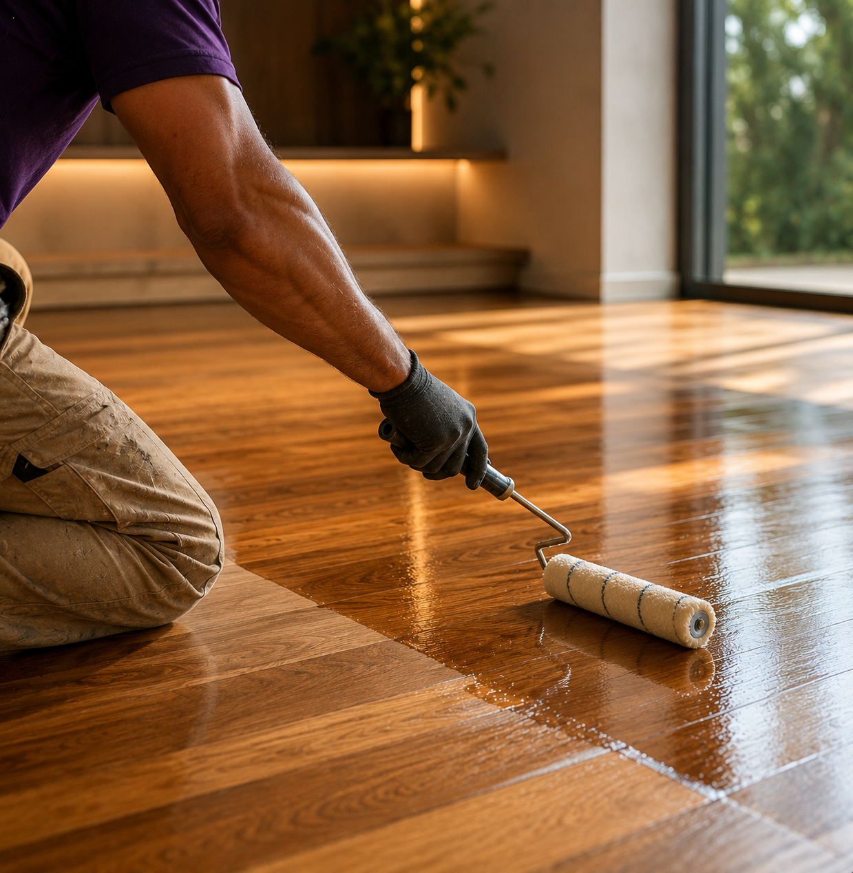 Profissional aplicando resina em piso de madeira para acabamento, proteção e brilho em residência em São Paulo.