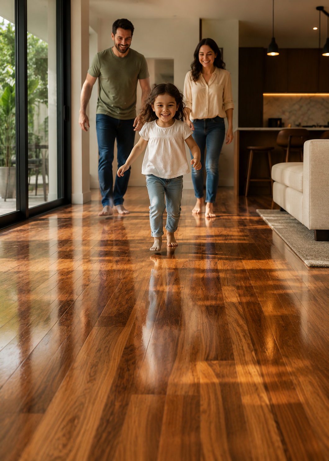 Família caminhando descalça sobre piso de madeira restaurado em residência de alto padrão em São Paulo