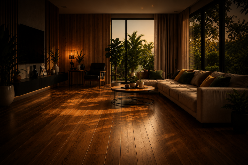 Sala moderna com piso de madeira restaurado, acabamento brilhante, iluminação natural e ambiente sofisticado.